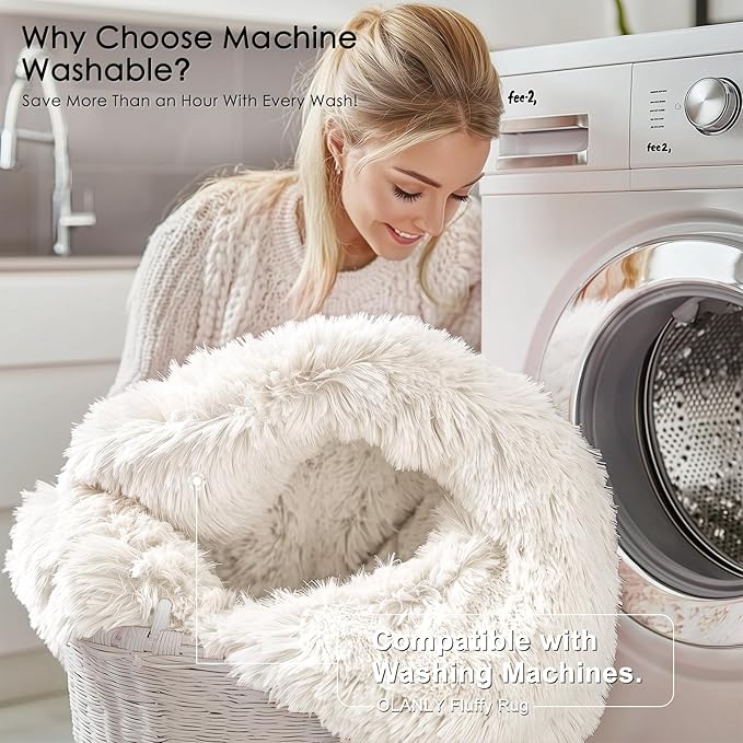 OLANLY Ivory Round Rugs for Bedroom - Machine Washable, 3x3 Feet Circle Area Rugs for Living Room, Soft and Fluffy Shaggy Carpet for Teen Girls and Boys, Nursery Rooms, Dorms, Home Decor Aesthetic