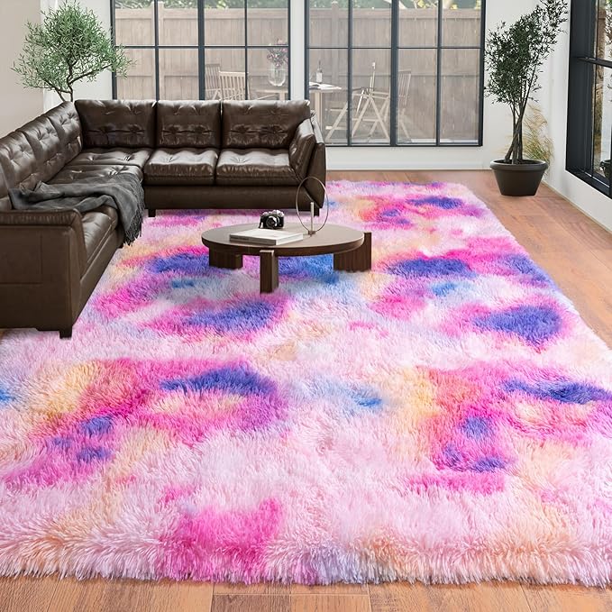 Large Area Rugs 9x12 Living Room, Plush Thick Carpets for Boy and Girls Room, Modern Soft Shag Rug for Bedroom, Non Slip, Indoor Carpet for Nursery Dorms Home Decor Aesthetic, Rainbow