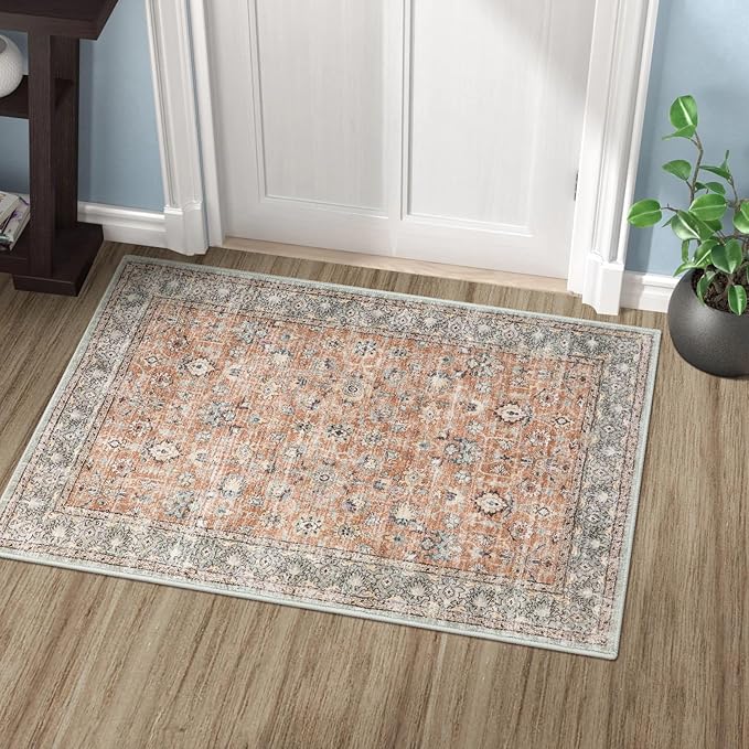 LIVEBOX 2x3 Washable Rug - Small Entryway Rug Indoor Door Mat Boho Low-Pile Indoor Rugs for Kitchen, Terracotta Distressed Doormat Non-Slip Retro Carpet for Bathroom Laundry Room