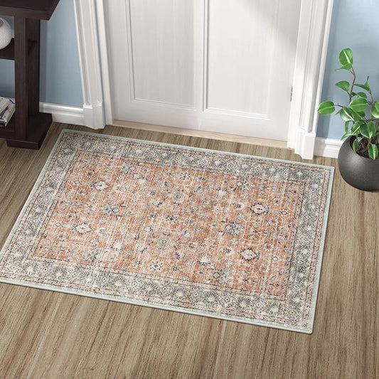 LIVEBOX 2x3 Washable Rug - Small Entryway Rug Indoor Door Mat Boho Low-Pile Indoor Rugs for Kitchen, Terracotta Distressed Doormat Non-Slip Retro Carpet for Bathroom Laundry Room