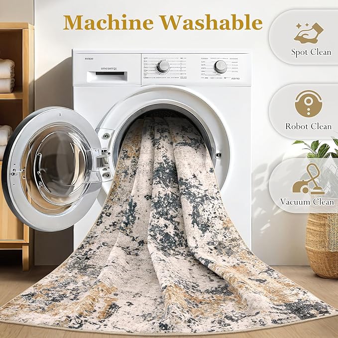 Area Rugs for Living Room: 7x9 Abstract Washable Rug Large Soft Stain Resistant Non-Slip Backing for Bedroom Dining Room Indoor Home Office Carpet for Kids Pet Friendly Families - Grey Gold