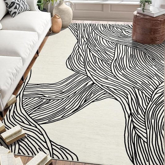 Modern Abstract Area Rug 4x6 Washable Soft Non-Shedding Floor Carpet Indoor Contemporary Non Slip Low Pile Foldable Thin Rug for Living Room Bedroom Home Office Dorm Ivory/Black