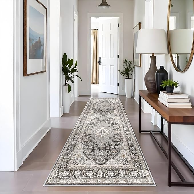 3x8 Runner Rug Kitchen, Hallway Non Slip Washable Oriental Runners Soft Indoor Neutral Carpet for Entry Bedroom Low Pile Stain Resistant Hall Rugs Long Thin Front Door Mat Waterproof - 3x8 Grey