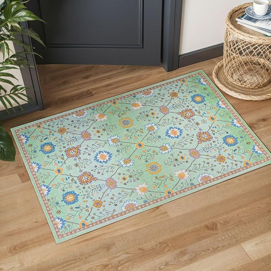 Syalife 2x3 Area Rugs, Non Slip Washable Small Rugs for Entryway, Kitchen, Bathroom, Kids Room, Low Pile Entry Throw Rug Indoor Front Door Mat (Green Floral, 2'x3')