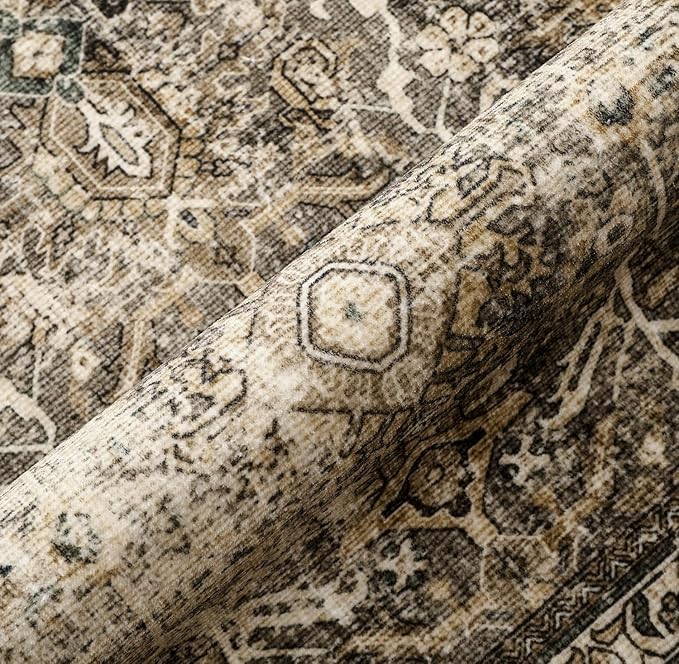 Vintage Area Rug 4x5 Brown Entryway Office Washable Carpet Non Slip Bedroom Indoor Living Room Door Mat Low Pile Traditional Distressed Retro Accent Rug for Dining Room Bathroom Kitchen