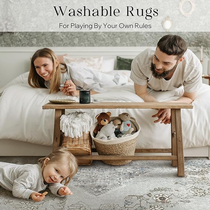 Phantoscope Vintage Collection Area Rug - 9'x12' Large Living Room Accent Rug - Washable, Non-Slip for Bedroom & Dining Room, Low-Pile Distressed Floor Carpet, Grey/Dull Teal