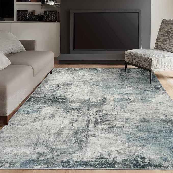 Washable Abstract Area Rug 3x5 - Rugs for Living Room Large Non Slip Indoor Entryway Rubber Backing Carpet Bedroom Kitchen Distressed Stain Resistant Floor Decor Mat Machine Washable 3x5 Blue