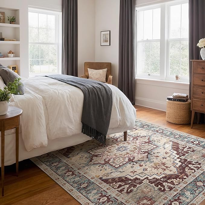 Washable Area Rugs Boho Thin Non Slip Stain Resistant Vintage Brown Printed Carpet Oriental Foldable Distressed 4x6 Rug for Living Room Bedroom Indoor House
