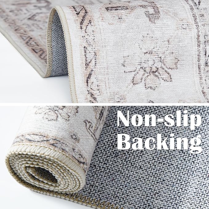 jinchan Runner Rug 2x12 Long Hallway Runner Rug Thin Vintage Washable Kitchen Carpet with Rubber Backing Floral Print Floor Cover Indoor Laundry Room Bedroom Stairway (2x12ft,Taupe)