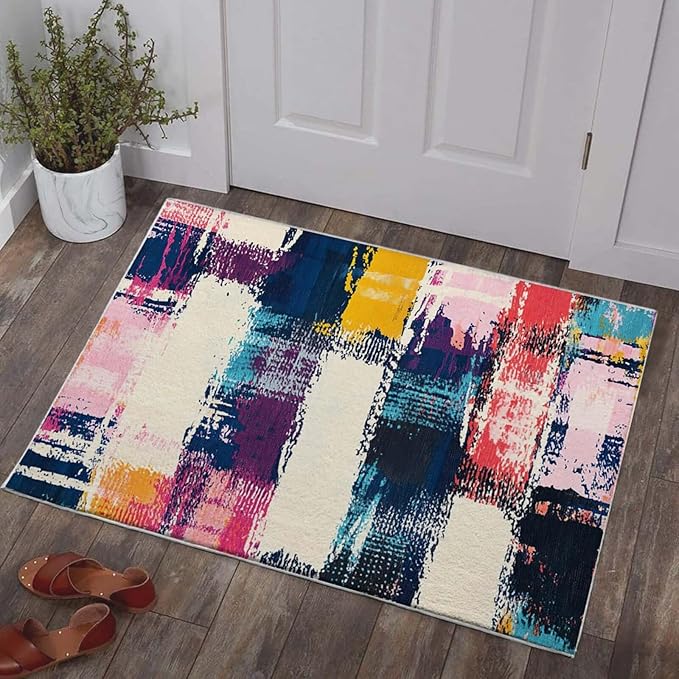 2x3 Entryway Rug Abstract Colorful Area Rug Ultra-Thin Soft Small Carpet Bathroom Non Slip Indoor Entrance Low Pile Door Mat Kitchen Stain Resistant Washable Machine