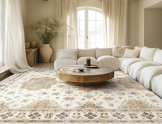 Washable Area Rugs for Living Room -10x14 Neutral Vintage Distressed Floral Farmhouse Boho Large Soft Floor Rug Indoor Non Slip Carpet for Living Room Bedroom Dining Room Office - Orange/Yellow/Beige