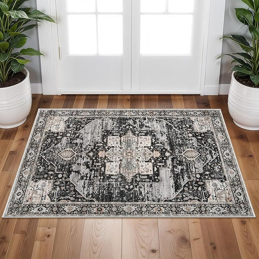 RUUGME Washable 2x3 Area Rugs - Large Boho Rugs for Living Room Stain Resistant Carpet Vintage Tribal Rugs for Bedroom Kitchen Bathroom with Non Slip Backing Home Decor Floor Decoration Mat 2x3 Black