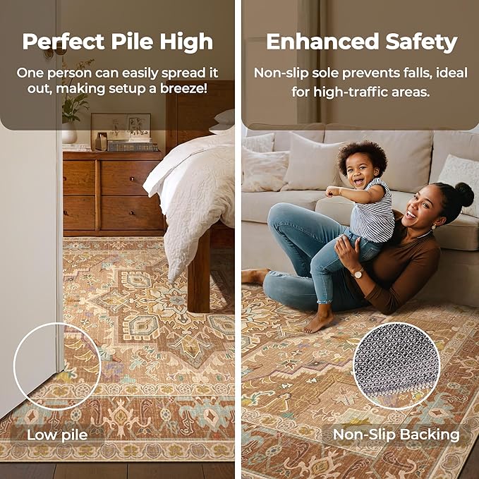 Kokia Washable Area Rugs Boho Non Slip Stain Resistant Thin Carpet Vintage Brown Printed Oriental Distressed 6x9 Rug for Living Room Bedroom Low Pile