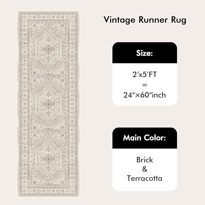 2x5 Runner Rug for Hallway Washable: Non Slip Kitchen Rugs with Rubber Backing Soft Waterproof Mats Stain Resistant Indoor Vintage Carpet Runner for Bedroom Bathroom Laundry Entryway Beige/Gray