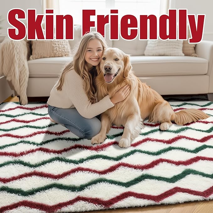 RUGTUDER Soft Fluffy Rugs for Bedroom, Washable Fuzzy Furry Rugs for Living Room, 4x6 Non Slip Striped Geometric Shaggy Rug for Living Room Girls Boys Dorm Classroom Nursery Decor, White Red Green