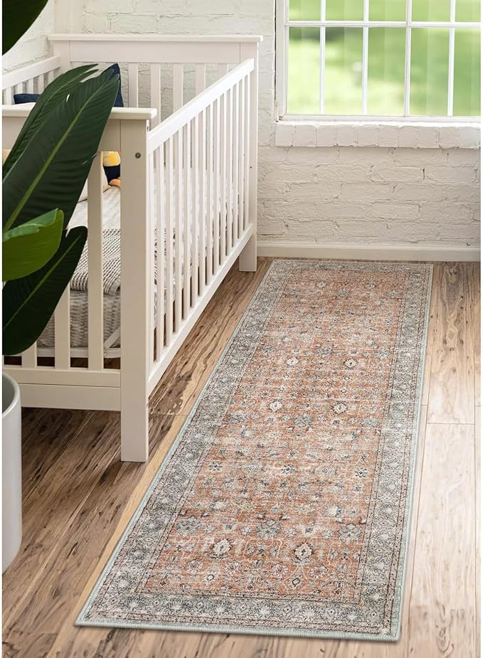 LIVEBOX Washable Runner Rug 2x6 - Boho Kitchen Runner Rug Long Entryway Hallway Rugs, Low-Pile Vintage Terracotta Rugs for Bedroom, Non-Slip Soft Carpet for Bathroom Laundry Room Hallway