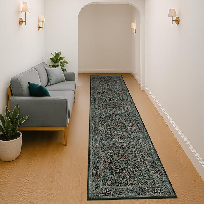 Washable Dark Green 2x10 Runner Rug for Hallway, Kitchen, Laundry Room, 10 ft Non Slip Stain Resistant Extra Long Soft Rugs, Vintage Floral Unique Botanical Floor Mat
