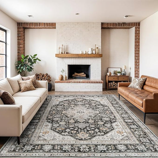 Washable Area Rug 9x12 - Bedroom Living Room Large Indoor Rugs Soft Oriental Vintage Rugs Non-Slip Backing Stain Resistant for Farmhouse Kitchen (9x12 Black/Ivory)