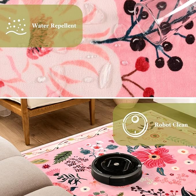 2x3 Pink Floral Rug for Entryway, Flowers Printed Washable Small Rugs with Non Slip Backing for Girls Bedroom Kitchen, Cute Throw Carpet Front Door Entry Decor