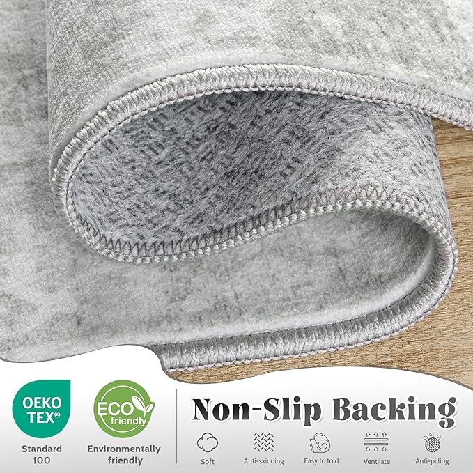 10x14 Area Rugs Washable Rug: Large Vintage Living Room Rug with Non-Slip Backing Low Pile Rugs Soft Indoor Floor Thin Carpet Neutral Carpets for Bedroom Dining Room Farmhouse Nursery Gray/Ivory