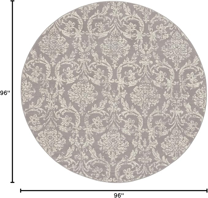 Nourison Jubilant Damask Grey 8' x Round Area -Rug, Easy -Cleaning, Non Shedding, Bed Room, Living Room, Dining Room, Kitchen (8 Round)