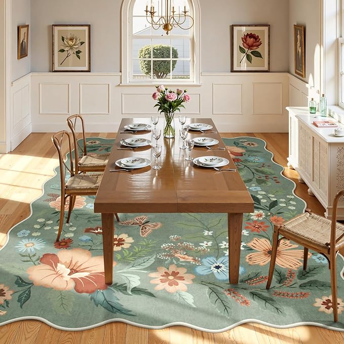Beeiva 8x10 Floral Washable Area Rugs for Bedroom Under Bed, Ultra Thin Non-Slip Green Rug for Living Room, Soft Large Carpet for Playroom, Office, Dining Room - Green(8x10ft)