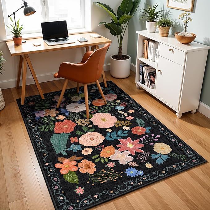 YOUFORTONG Washable Rug 3x5 Area Rugs: Soft Ultra Thin Low Pile Mat Machine Washable Indoor Doormat Lightweight Entry Rug Anti Slip Backing Rugs for Living Room Bedroom Kitchen 3'x5' Black Floral