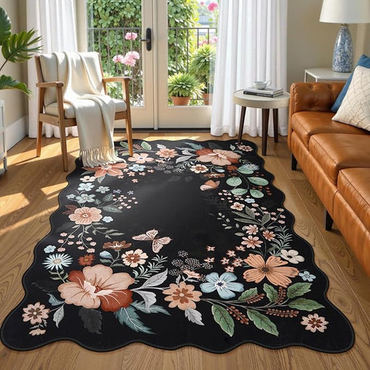 Beeiva 5x7 Rugs for Living Room, Floral Washable Area Rug for Bedroom Under Bed, Thin Low Pile Foldable Large Carpet for Office, Playroom, Dining Room - Black
