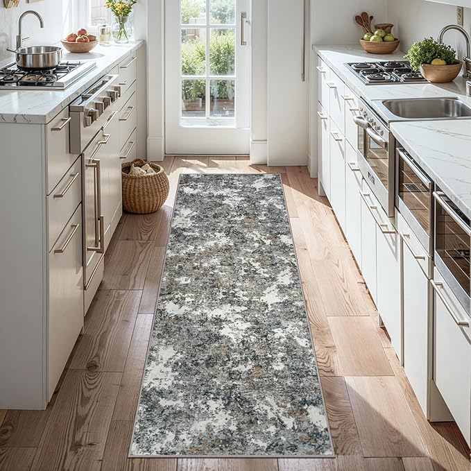 Runner Rug 2'6''x8' Washable Runner Rug: Machine Washable Kitchen Area Rug with Anti-Slip Backing Non-Shedding Stain-Resistant Long Soft Carpet Runner for Hallway, Bedroom, Laundry Room-Gray/Multi