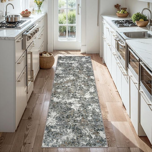Runner Rug 2'6''x8' Washable Runner Rug: Machine Washable Kitchen Area Rug with Anti-Slip Backing Non-Shedding Stain-Resistant Long Soft Carpet Runner for Hallway, Bedroom, Laundry Room-Gray/Multi