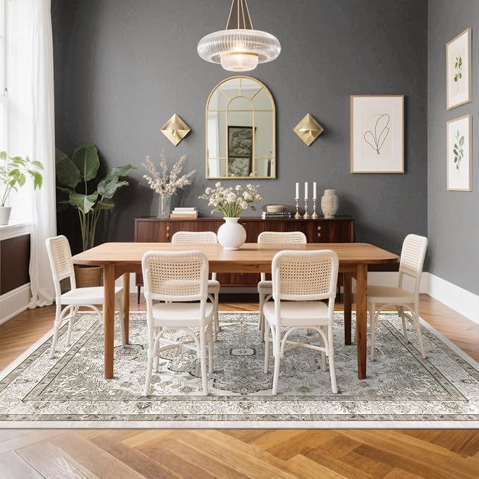 U'Artlines Boho Vintage Area Rug 5x7 Machine Washable Low Pile Soft Floor Carpet Non Slip Non Shedding Accent Rug for Living Room Bedroom Entryway Dining Room Office Grey Taupe