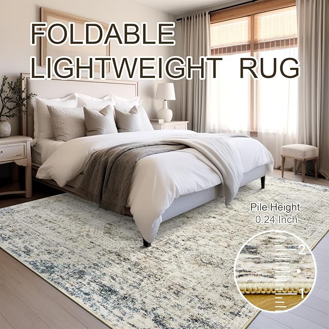 10x14 Area Rugs for Living Room, Non Slip Machine Washable Vintage Rugs, Low Pile Lightweight Large Rug for Bedroom, Dining Room, Home Office Blue Ivory