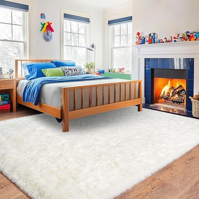 4x6 Cream Rugs for Bedroom, Fluffy Shag Area Rug for Living Room Dorm Nursery Kids Room, Non-Slip Modern Soft Plush Floor Carpets, Home Decor Aesthetic