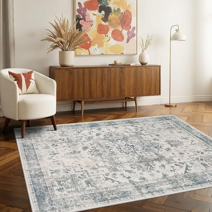 3x5 Washable Entryway Rug, Non Slip Boho Runner Rugs for Hallway, Entrance, Kitchen, Bathroom, Laundry Room, Soft Entryway Carpet, Throw Low Pile Retro Imitation Wool Carpet, Light Blue Grey