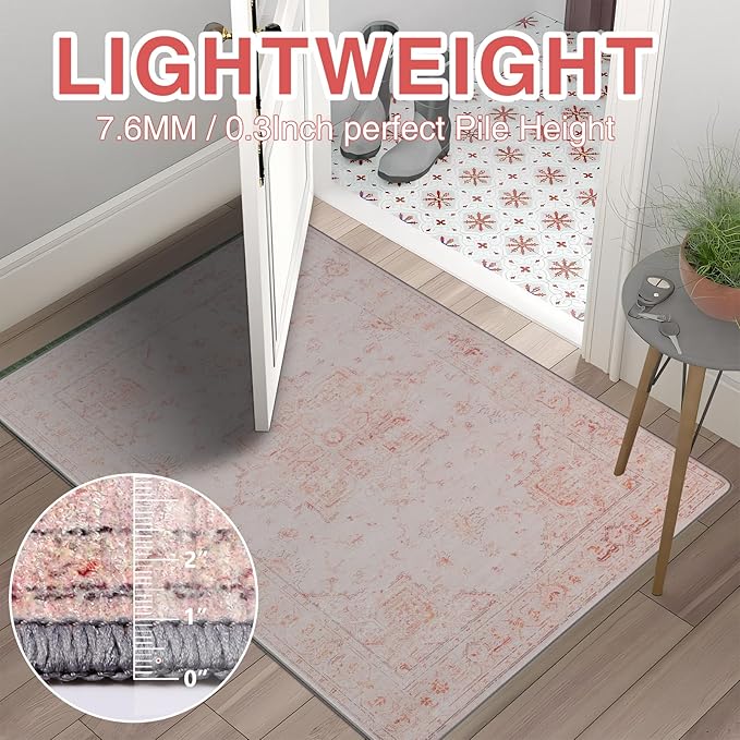 2x3 Small Washable Non-Slip Vintage Chenille Area Rug,Low Pile Distressed Floral Carpet for Entryway Kitchen, Boho Farmhouse Stain Resistant Indoor Rug