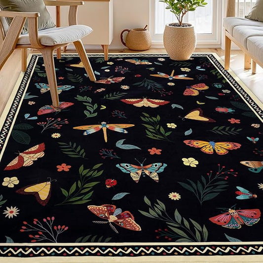 ASPMIZ Insect Area Rug 3X5, Black Bedroom Rug Non Slip, Spring Summer Washable Rug Farmhouse Butterfly Living Room Rugs Low Pile, Soft Faux Wool Throw Carpet for Entryway, Office, Nursery, Black