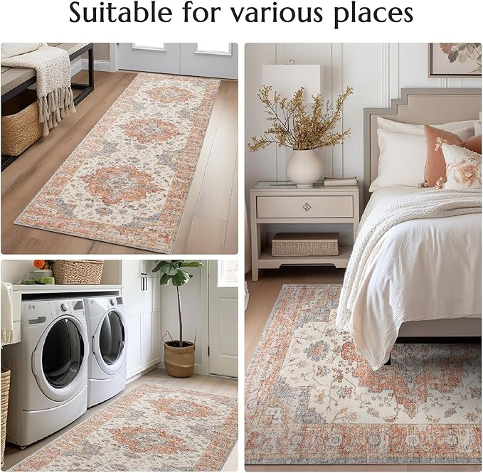 jinchan Runner Rug 3x8 Vintage Hallway Runner Boho Washable Rug Floral Medallion Retro Non Slip Classic Thin Soft Carpet for Kitchen Bedroom Bathroom Laundry Room Doorway Brick Red