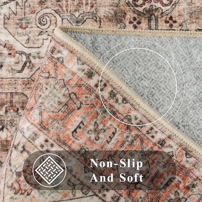 Washable 2x3 Entryway Area Rug: Vintage Non-Slip Backing Rugs for Kitchen Bathroom Water Resistant Carpet for Bedroom Soft Low Pile Front Door Mat for Dining Room 2x3 Orange/Brown