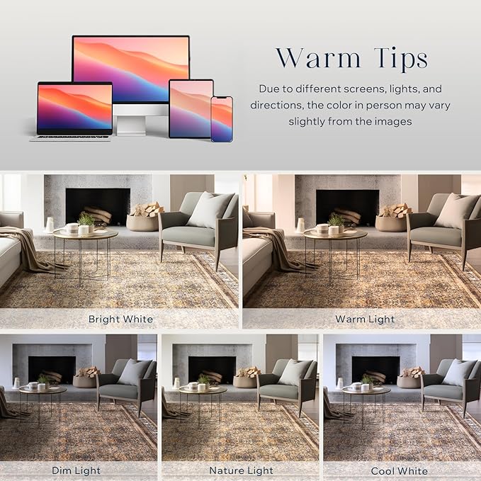 Phantoscope Vintage Collection Area Rug 5'x7' for Living Room - Washable Rug Large Boho Carpet Non-Slip for Bedroom Dining Room, Indoor Low-Pile Neutral Distressed Accent Rug, Dark Brown/Orange Spice