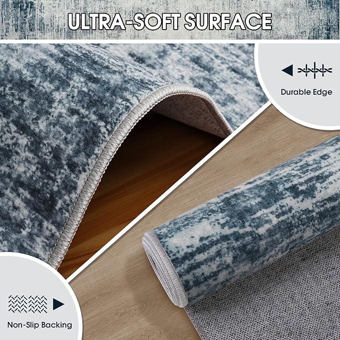 Washable Rug 6x9 Area Rugs, Abstract Washable Rugs with Non-Slip Backing, Stain Resistant Indoor Floor Carpet for Bedroom Dining Room Table Nursery Hallway Home Office-Blue/Ivory