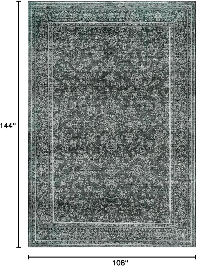 Washable Oriental Area Rug - 9x12 Rugs for Living Room Soft Carpet for Bedroom Waterproof Floral Distressed Indoor Stain Resistant Non-Shedding Floor Carpets (Black Green, 9x12)