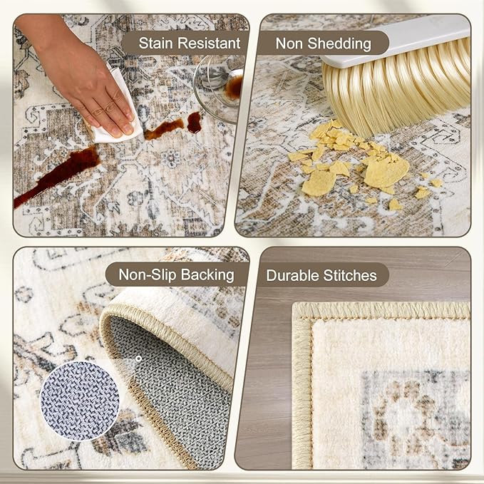 Area Rugs for Living Room 9x12 - Large Machine Washable Vintage Oriental Soft Rug, Low Pile Thin Carpet with Non Slip Backing for Bedroom, Dorm, Under Dining Room Table, Indoor House, Office Decor