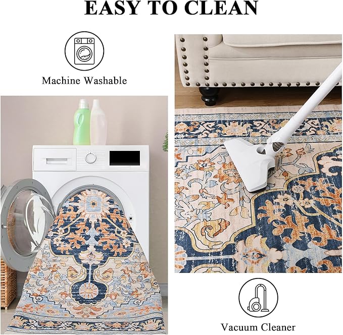 U'Artlines Boho Vintage Area Rug 5x7 Machine Washable Low Pile Soft Floor Carpet Non Slip Non Shedding Accent Rug for Living Room Bedroom Entryway Dining Room Office Orange＆Blue