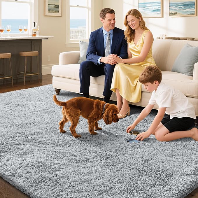 Fluffy Rug Shaggy Area Rug, Grey 10x14 Area Rugs for Bedroom, Super Soft Shaggy Rugs for Living Room Bedroom Kids Room Home Decor, Upgrade Anti-Skid Rectangular Fuzzy Rug