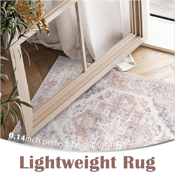 jinchan Runner Rug 2x10 Washable Kitchen Runner Rug Non Slip Light Red Vintage Hallways Ultra-Thin Floral Print Floor Cover Accent Throw Carpet for Laundry Room Bedroom Living Room