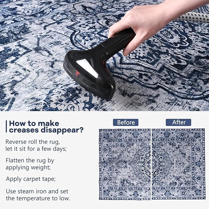 YJ.GWL Doormat Boho Area Rug 2x3, Machine Washable Small Low Pile Lightweight Thin Entryway Rug, Floral Vintage Distress Print Pattern Carpet for Entrance Kitchen Bedroom, Blue/White