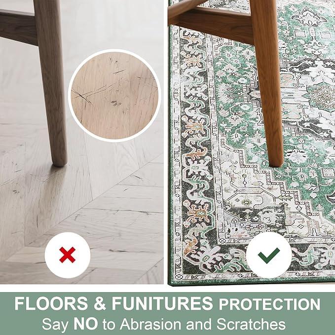Vitnage Green Rugs, Low Pile Washable Area Rugs, Non-Slip Distressed Rugs for Bedroom, Living Room, Kitchen, Dining Room (Green, 3x5)