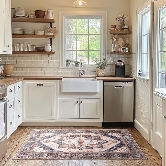 Washable 2x6 Area Rugs, Rugs for Living Room, Low-Pile Water&Stain Resistant Carpet Vintage Distressed Printed Non-Slip Carpet for Bedroom Bathroom Kitchen-Pink/Brown/Navy Blue/Black