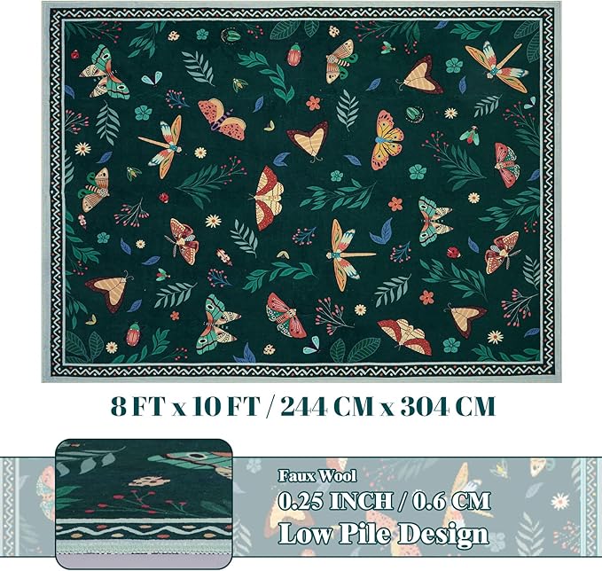 ASPMIZ Insect Area Rug 8X10 Living Room Rug, Spring Summer Washable Rug Non Slip, Farmhouse Butterfly Rugs for Living Room Low Pile, Soft Faux Wool Throw Carpet for Kids Room Dining Room, Dark Green