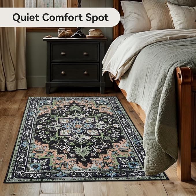 3x5 Area Rug, Vintage Floral Rug for Living Room, Small Area Rugs for Bedroom, Non-Slip Washable Rug, Traditional Persian Boho Style, Fluffy Low-Pile Soft Carpet, Dark Green